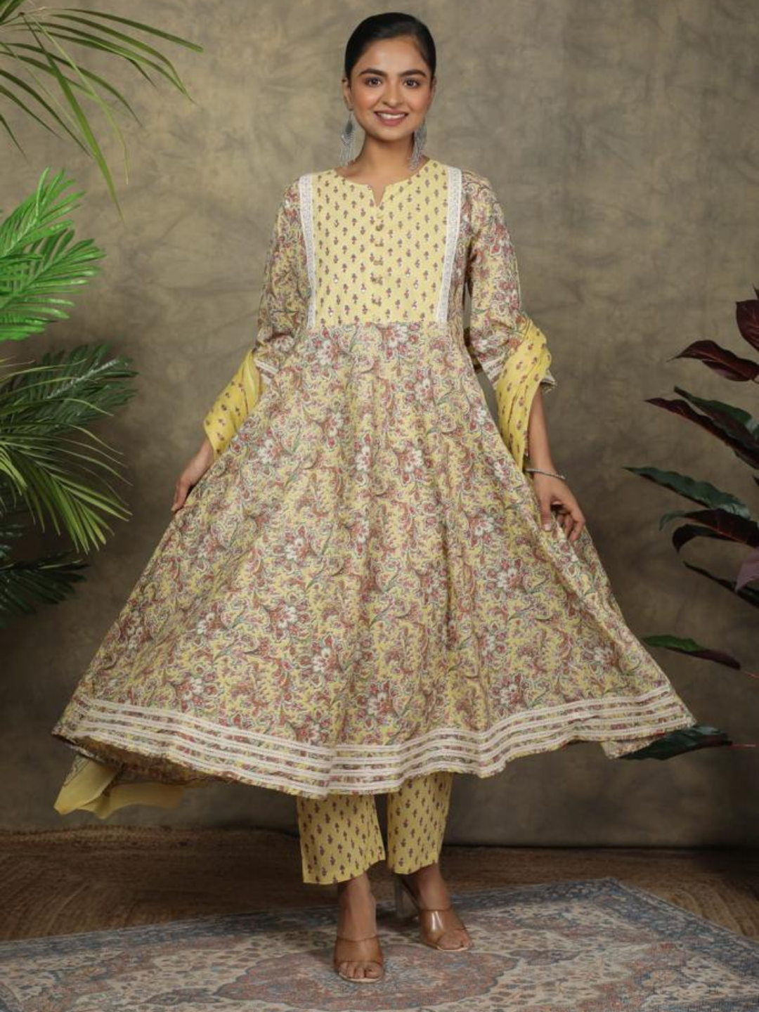 Light Yellow Floral Print Anarkali Set