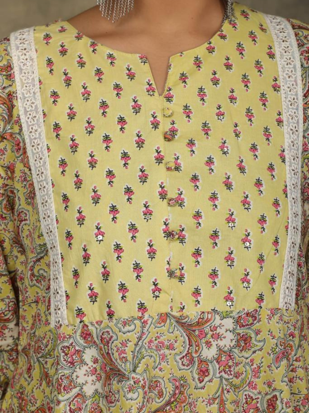 Light Yellow Floral Print Anarkali Set