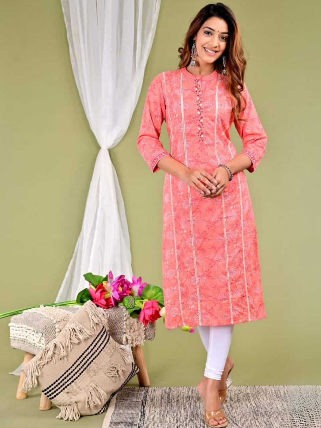 Peach Floral Print Kurti With Lace Detailing