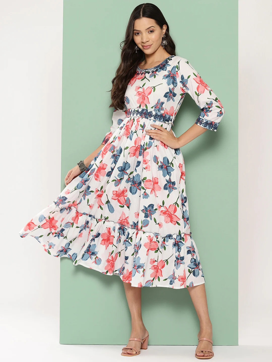 White Floral Print Dress With Belt