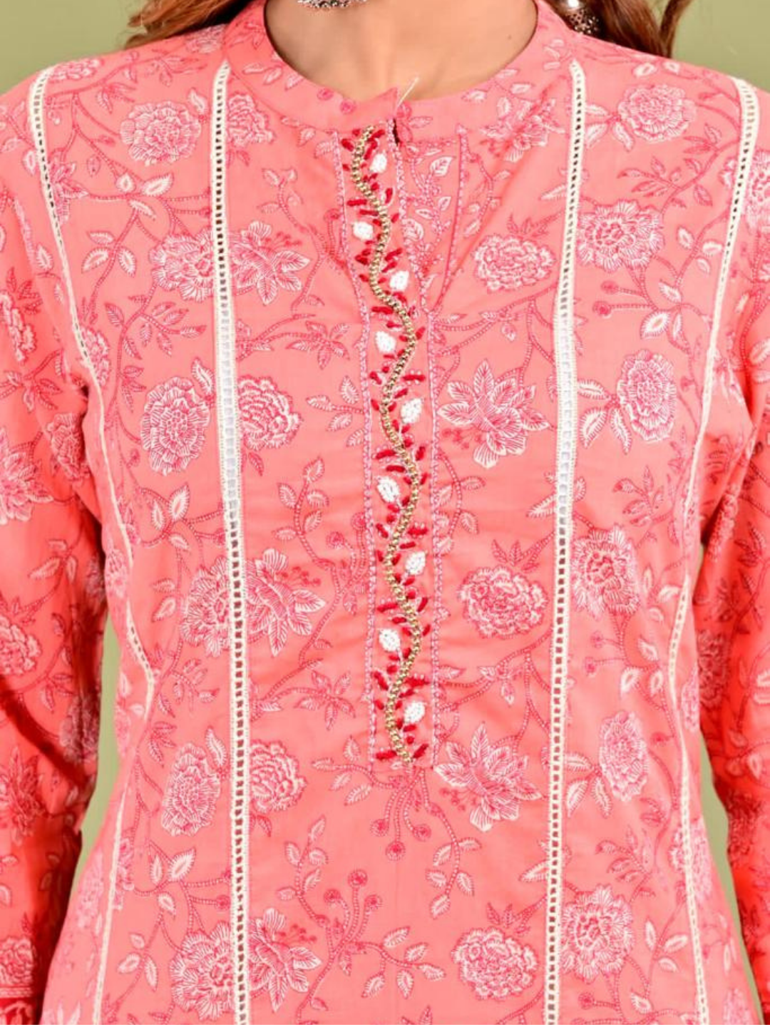 Peach Floral Print Kurti With Lace Detailing