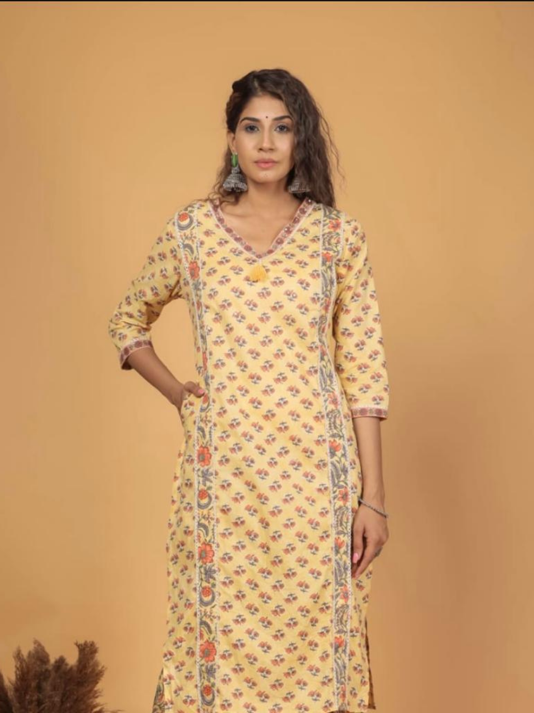 Mustard V Neck Kurti With Panel Detailing