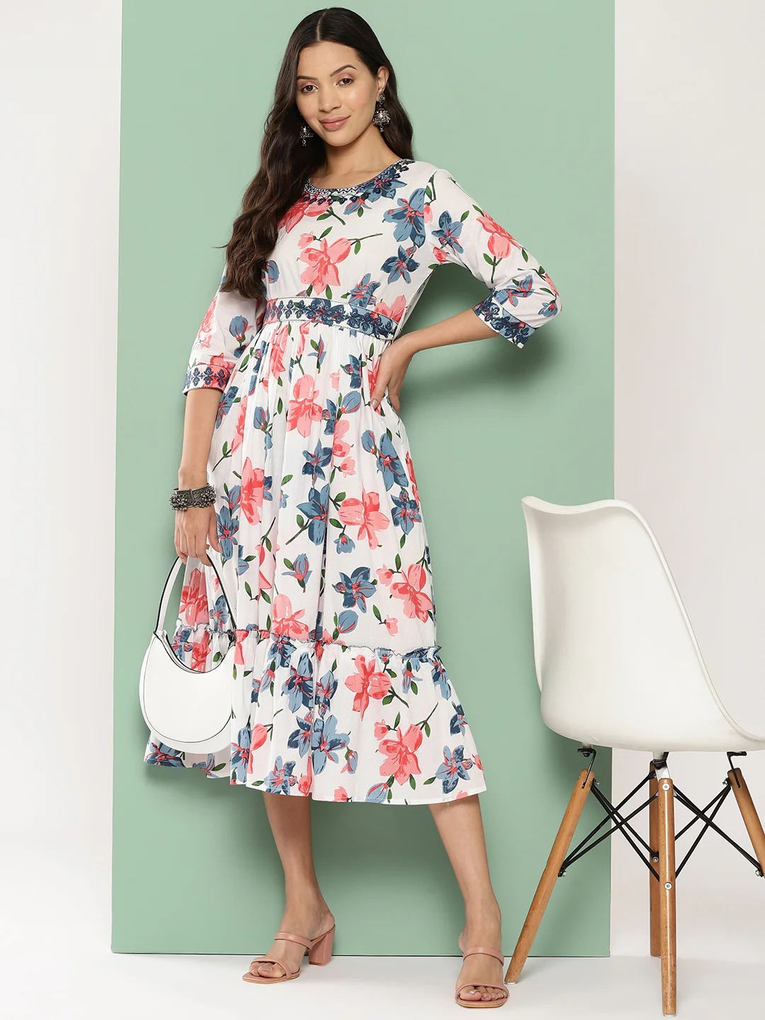 White Floral Print Dress With Belt