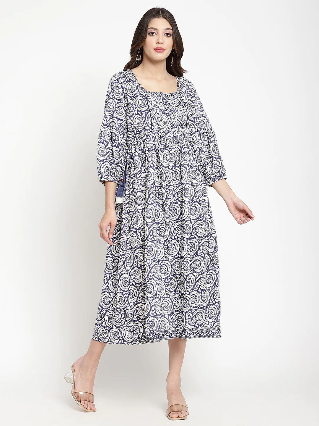 Dark Blue Printed Dress with Pleated Yoke