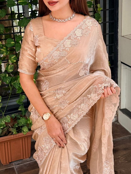 Ethereal Dusty Beige Fendy Satin Saree