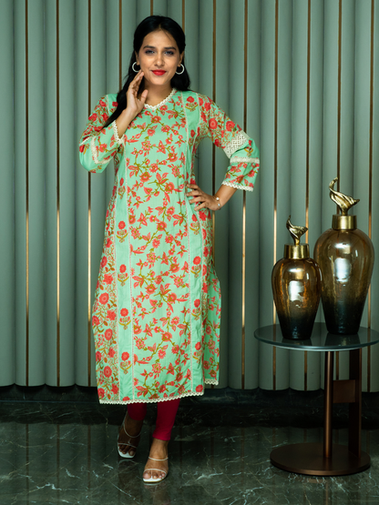 Light Green Floral Print Kurti With Lace Detailing