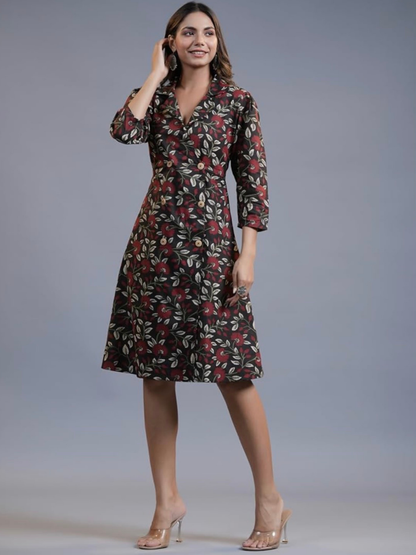 Black Floral Print Knee-Length Dress