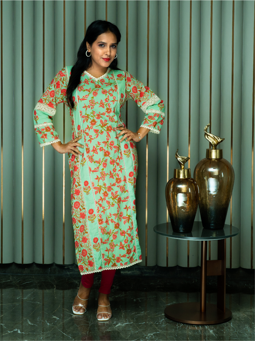 Light Green Floral Print Kurti With Lace Detailing