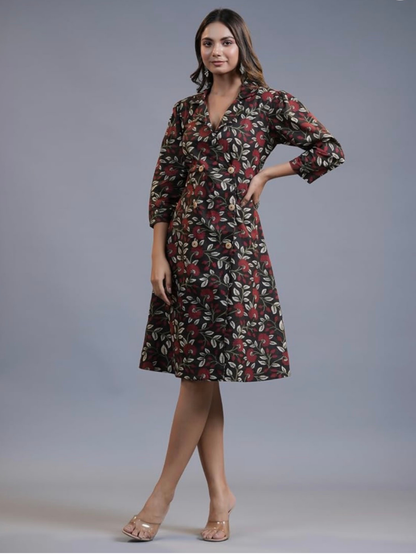 Black Floral Print Knee-Length Dress