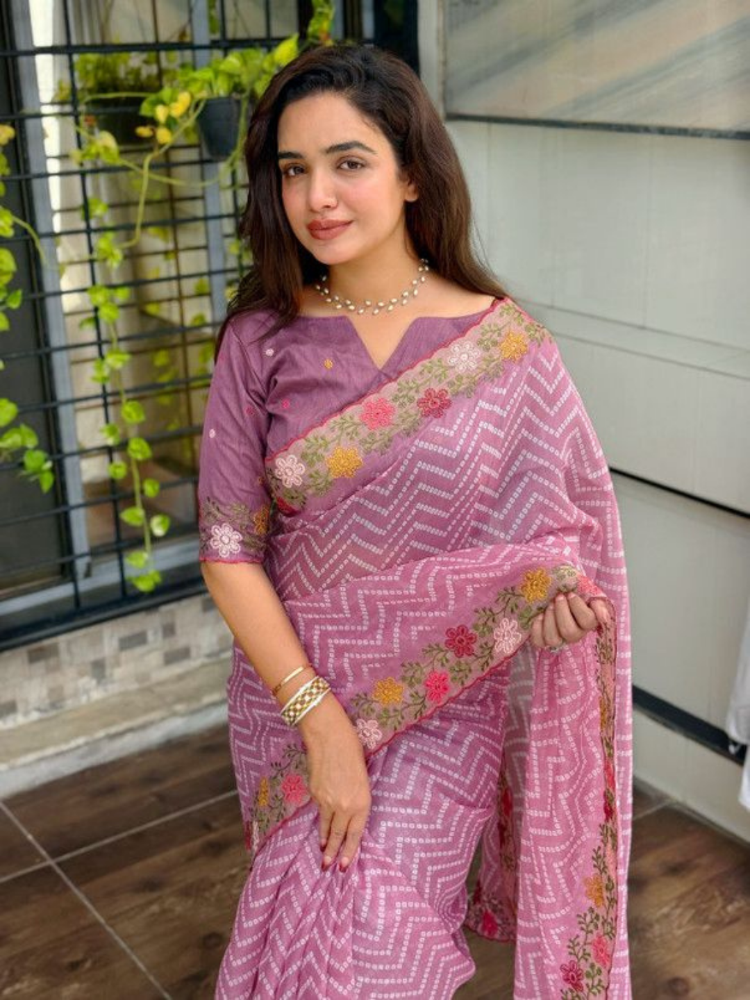 Embroidered Bandhej Print Cotton Satin Saree