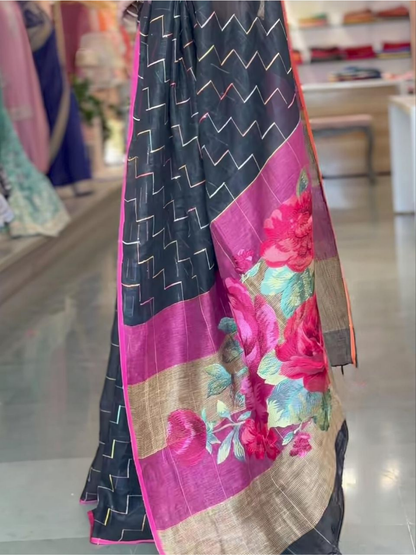 Soft Linen Vibrant Saree with Checkered Blouse