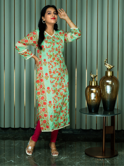 Light Green Floral Print Kurti With Lace Detailing