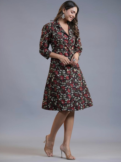 Black Floral Print Knee-Length Dress