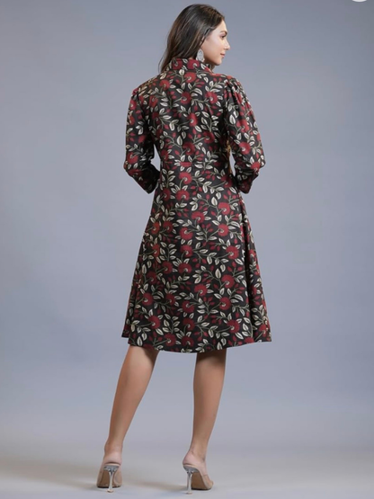 Black Floral Print Knee-Length Dress