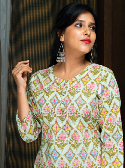 Mint Green Block Print Kurti