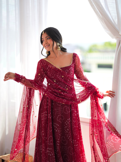 Festive Maroon Bandhani Georgette Dupatta Set