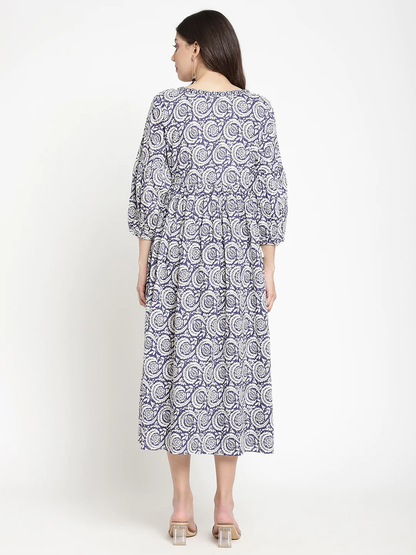 Dark Blue Printed Dress with Pleated Yoke