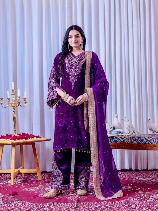 Opulent Velvet Embroidered Palazzo Set with Rivet Moti Detailing