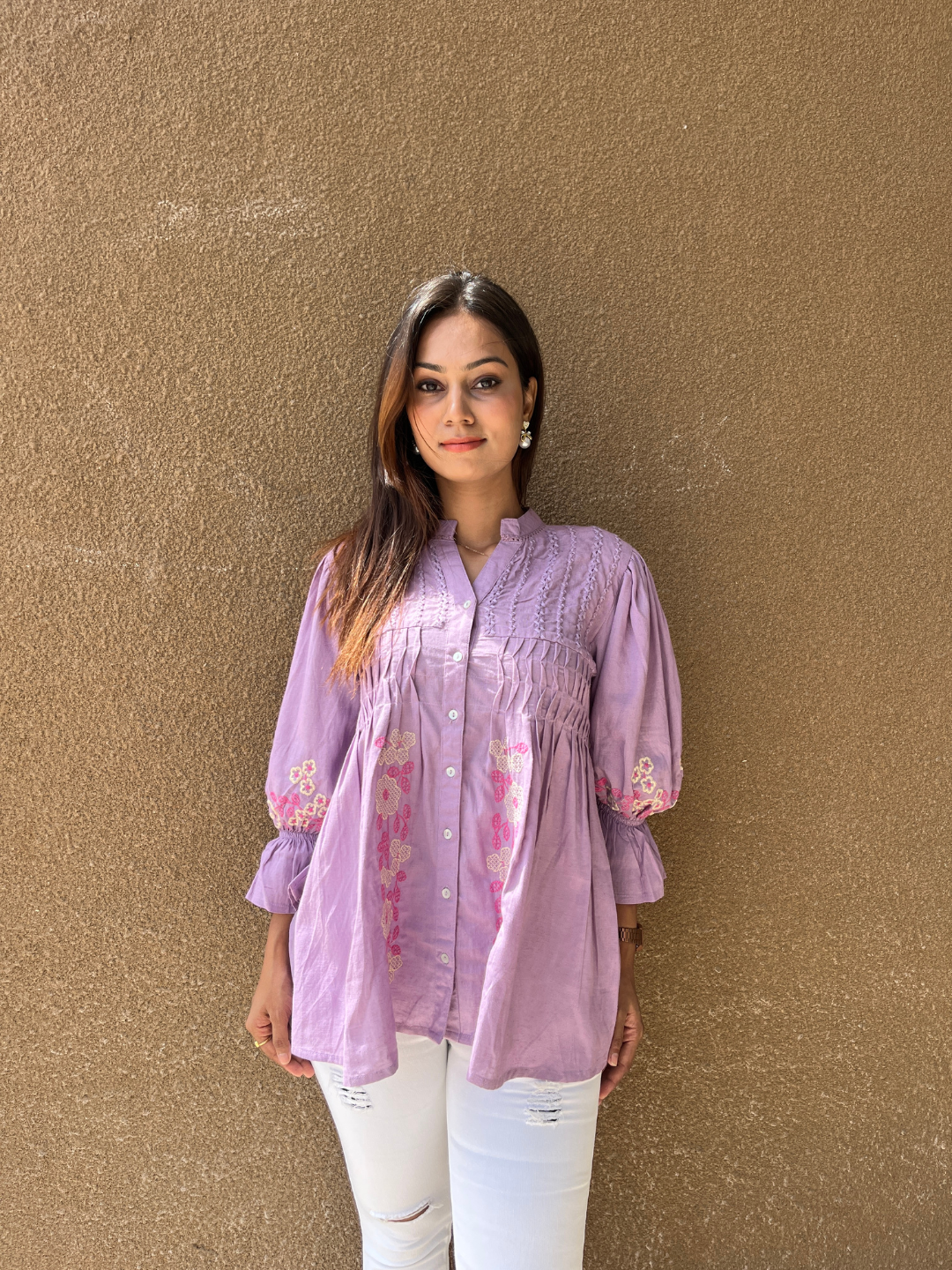 Lavender Button-Down Tunic with Floral Embroidery