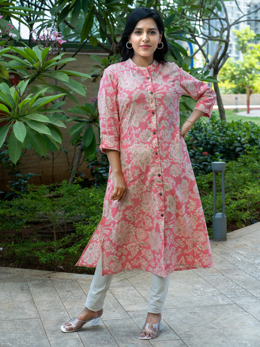 Pink Floral Print A line Kurti