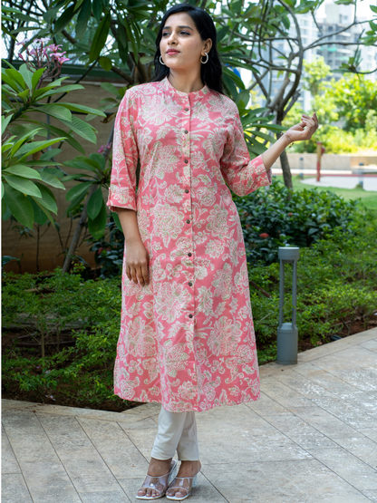 Pink Floral Print A line Kurti