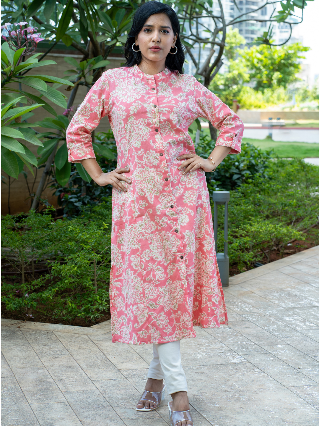 Pink Floral Print A line Kurti