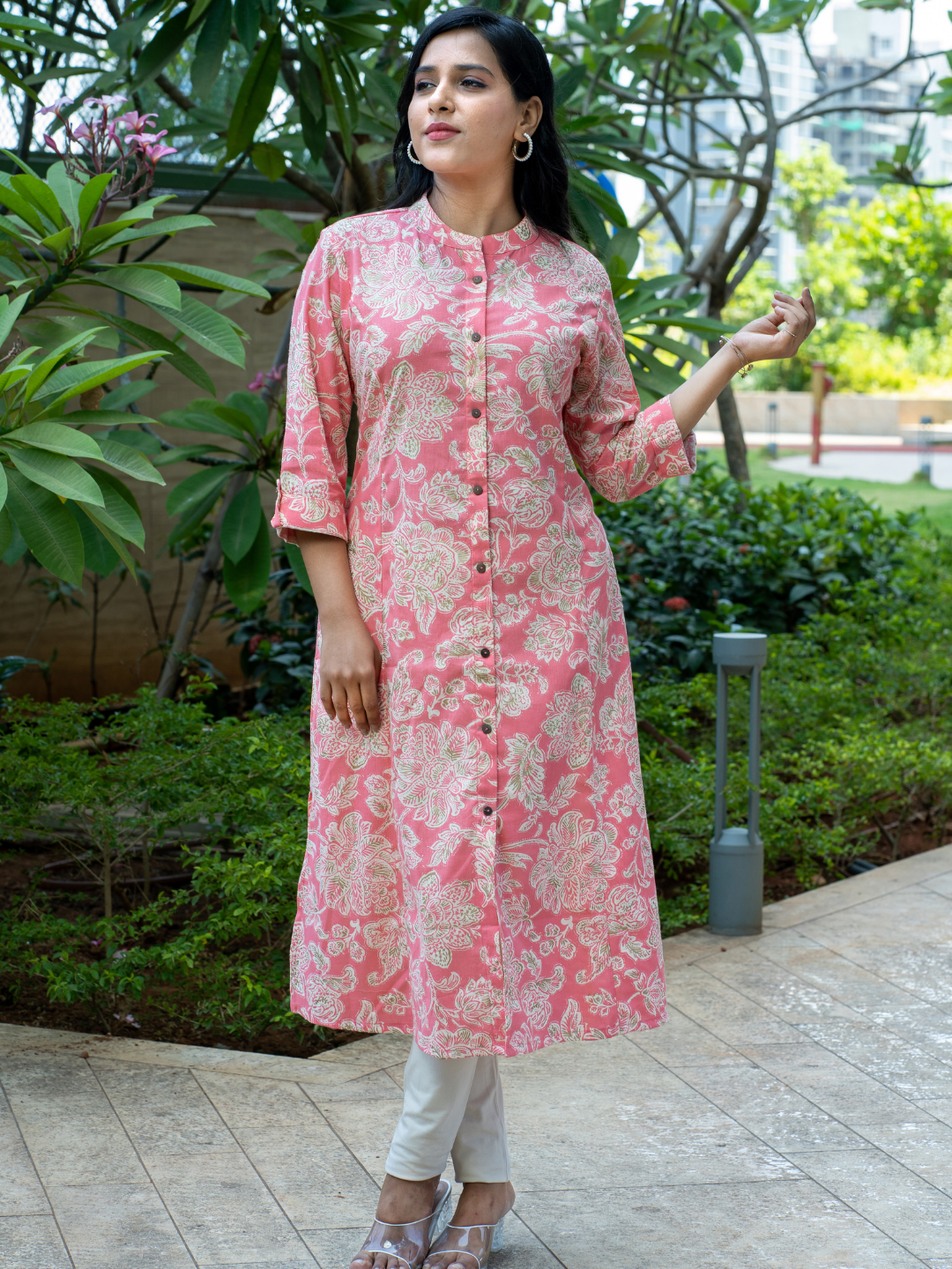 Pink Floral Print A line Kurti