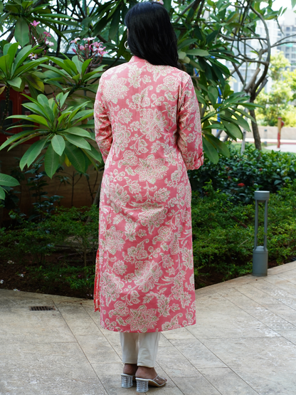 Pink Floral Print A line Kurti