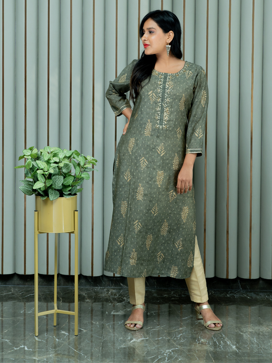 Grey BlockPrint Kurti With Embroidered Neck