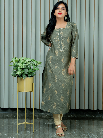 Grey BlockPrint Kurti With Embroidered Neck