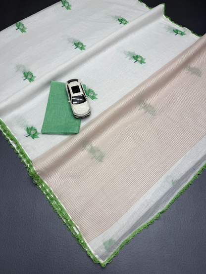 Lotus Motif Soft Linen Ivory Saree