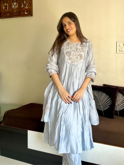 Powder Blue Mul Cotton Dupatta Set