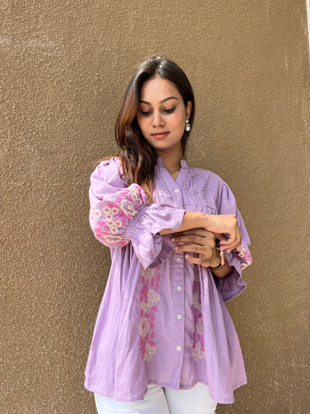 Lavender Button-Down Tunic with Floral Embroidery