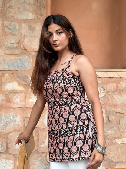 Black Jaipuri Print Short Kurti
