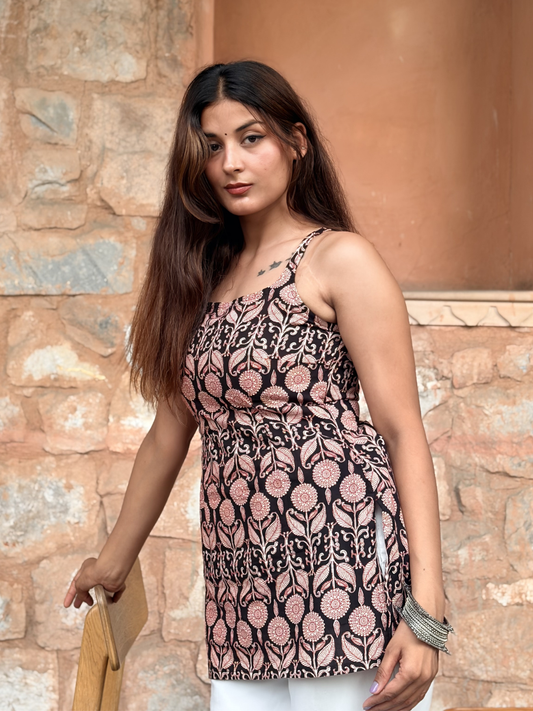 Black Jaipuri Print Short Kurti