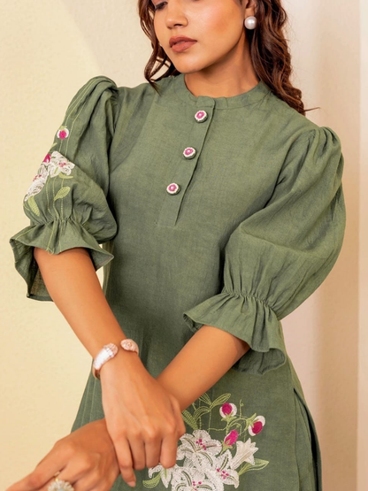 Graceful Green Floral Embroidered Cotton Co-Ord Set