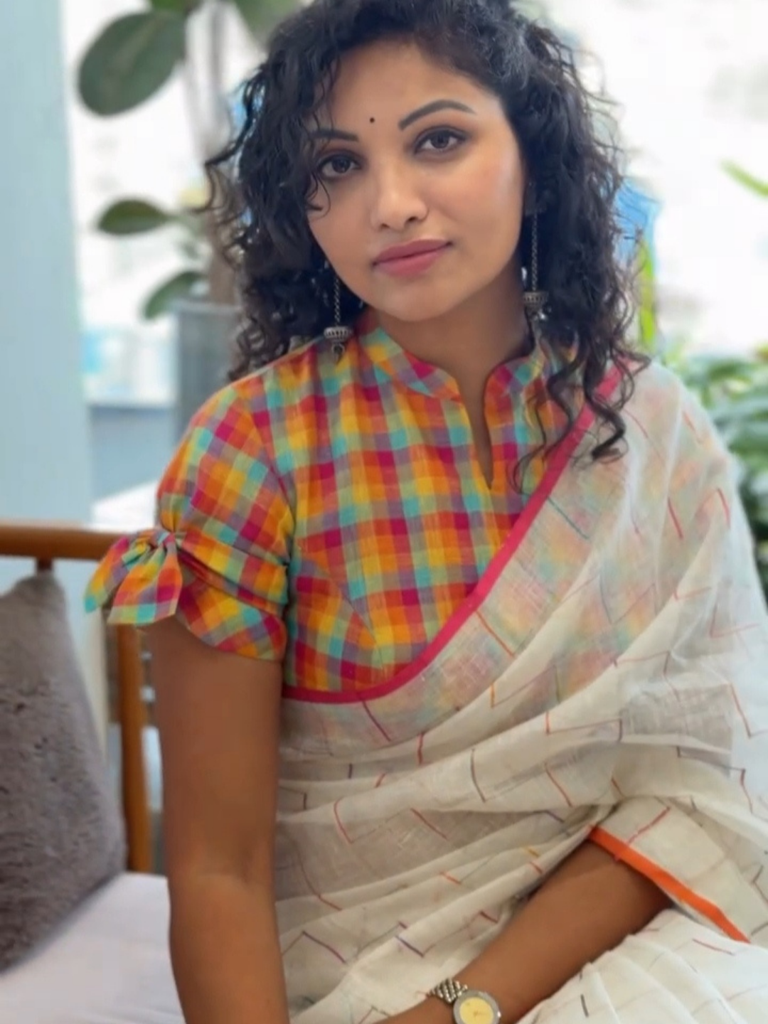 Soft Linen Vibrant Saree with Checkered Blouse