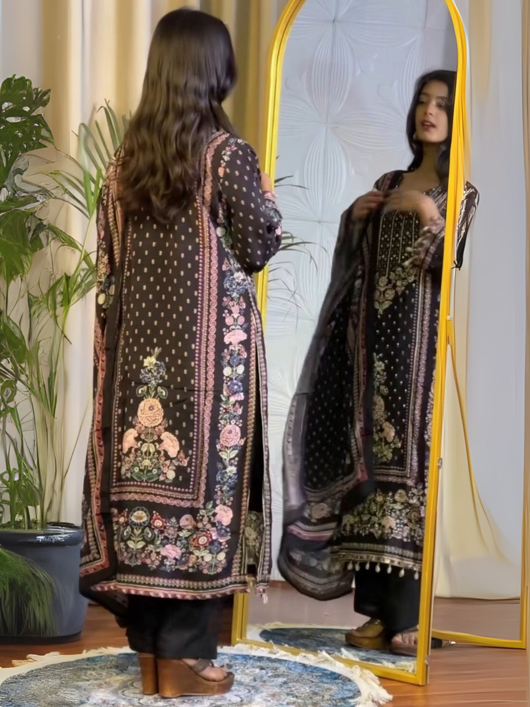 Midnight Bloom Black Muslin Dupatta Set