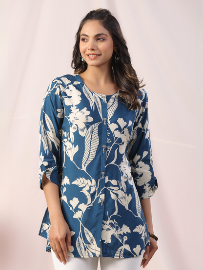 Dark Blue Floral Print Muslin Tunic