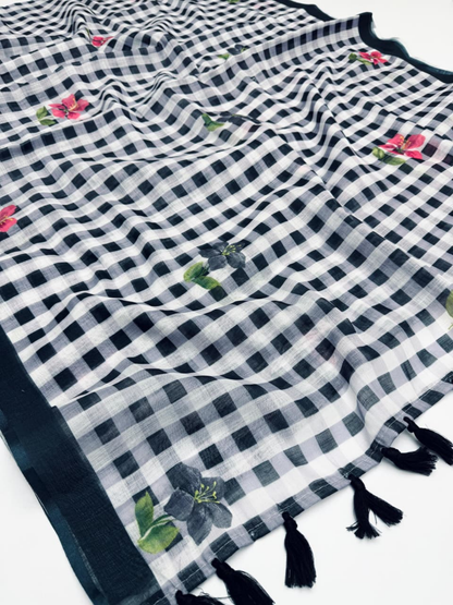 Digital Print Checkered Soft Linen Saree