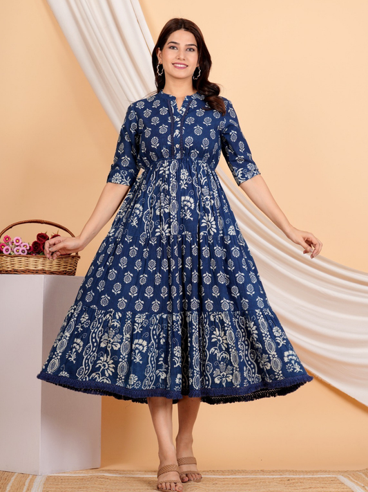 Ethereal Indigo Cotton Floral Dress