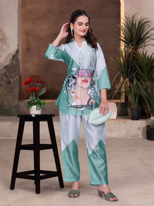 Chic Green Cotton Silk Digital Print Co-ord Set