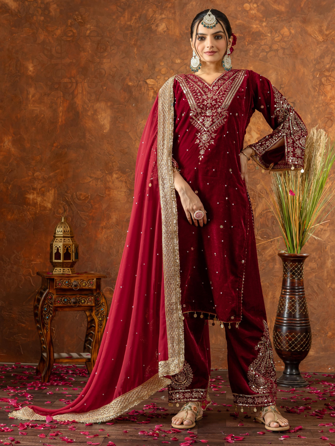 Opulent Velvet Embroidered Palazzo Set with Rivet Moti Detailing