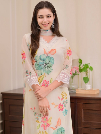 Bloom in Elegance: Off-White Organza Dupatta Set