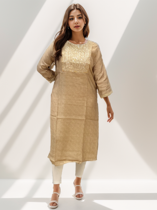 Beige Gold Kurti With Embroidered Yoke