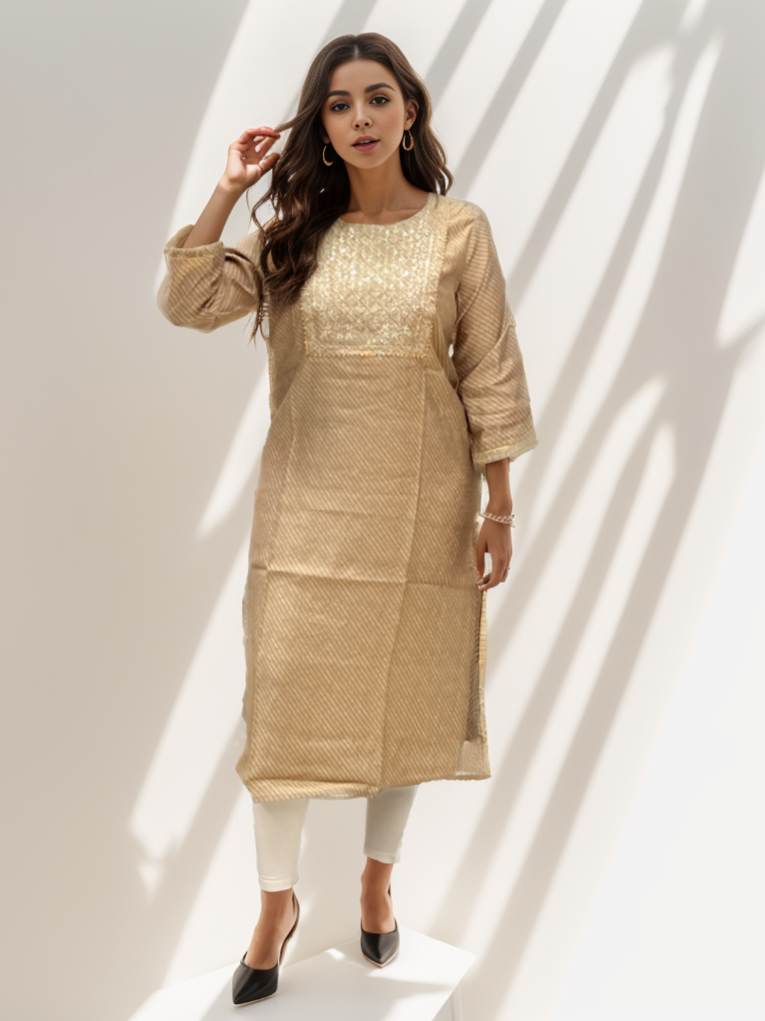 Beige Gold Kurti With Embroidered Yoke