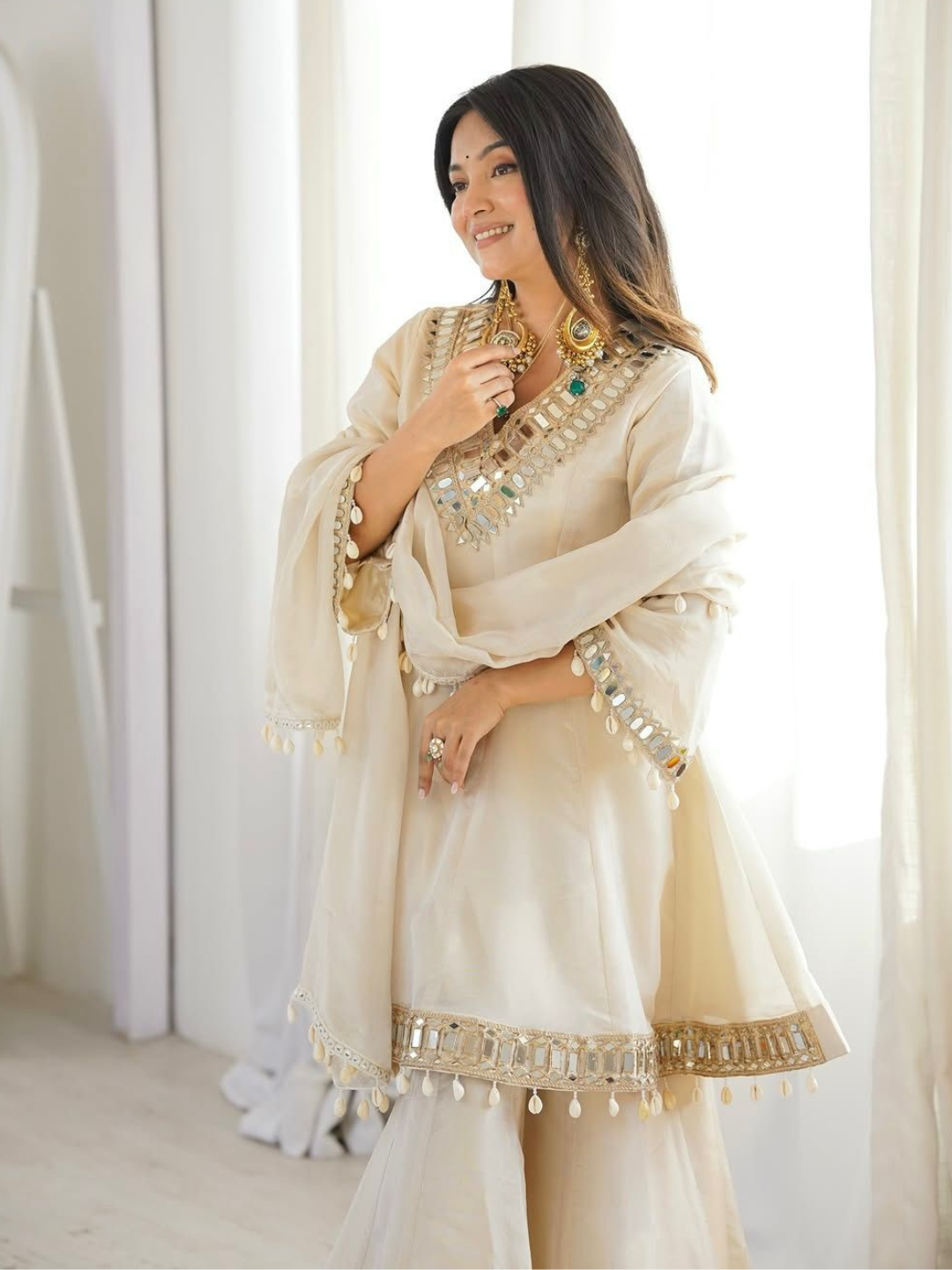 Ethereal Ivory Mirror-Work Organza Sharara Set
