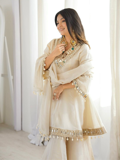Ethereal Ivory Mirror-Work Organza Sharara Set