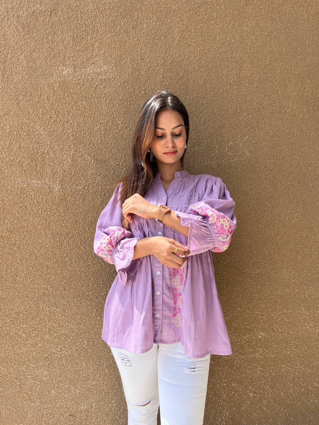 Lavender Button-Down Tunic with Floral Embroidery