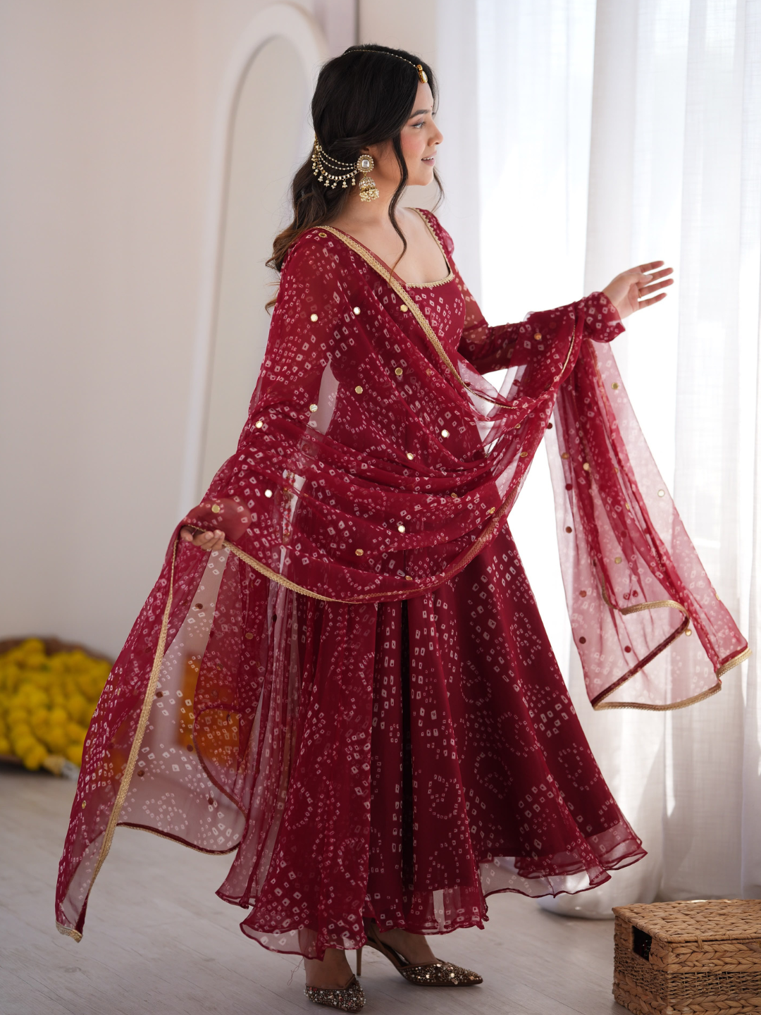Festive Maroon Bandhani Georgette Dupatta Set